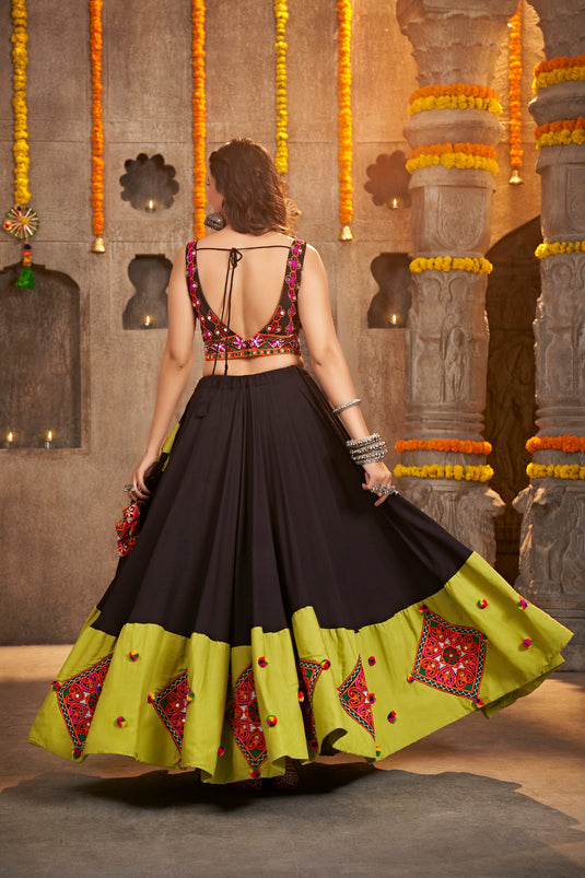 Black Viscose Rayon Thread Embroidered Semi Stitched Lehenga Choli