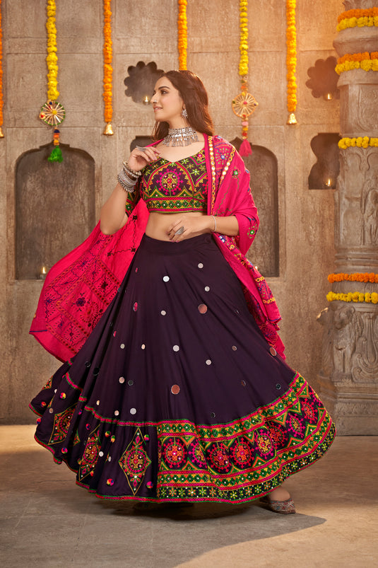 Purple Viscose Rayon Thread Embroidered Semi Stitched Lehenga Choli