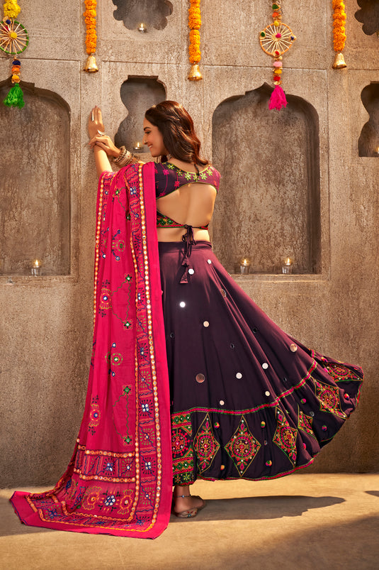 Purple Viscose Rayon Thread Embroidered Semi Stitched Lehenga Choli