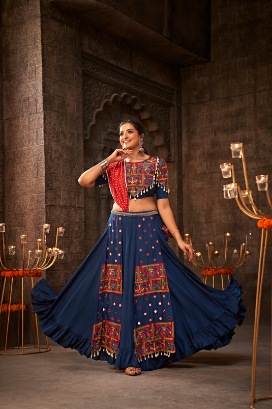 Blue Viscose Rayon Thread Embroidered Mirror Work Semi Stitched Lehenga Choli