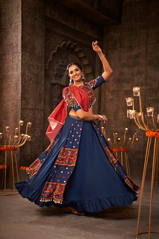 Blue Viscose Rayon Thread Embroidered Mirror Work Semi Stitched Lehenga Choli