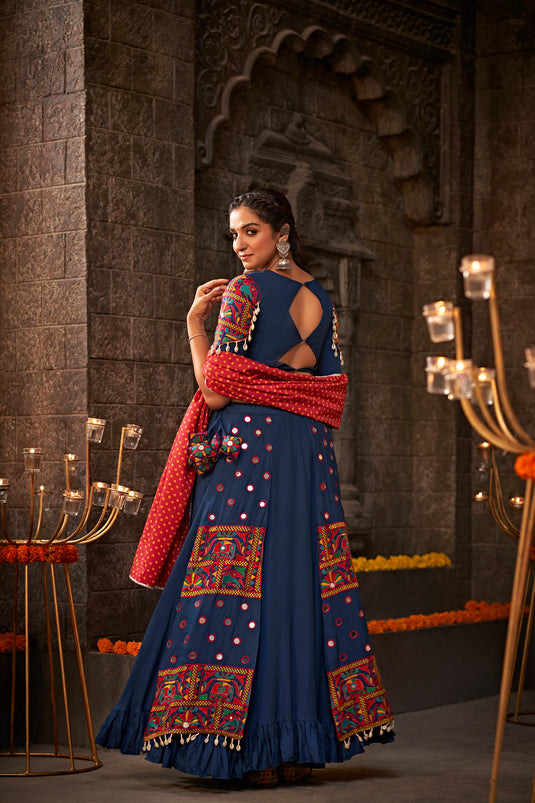 Blue Viscose Rayon Thread Embroidered Mirror Work Semi Stitched Lehenga Choli