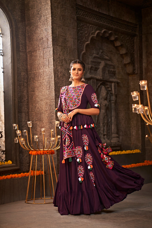 Purple Viscose Rayon Thread Embroidered Mirror Work Semi Stitched Lehenga Choli