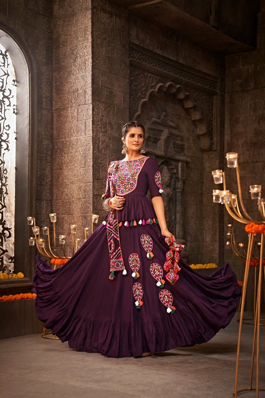 Purple Viscose Rayon Thread Embroidered Mirror Work Semi Stitched Lehenga Choli