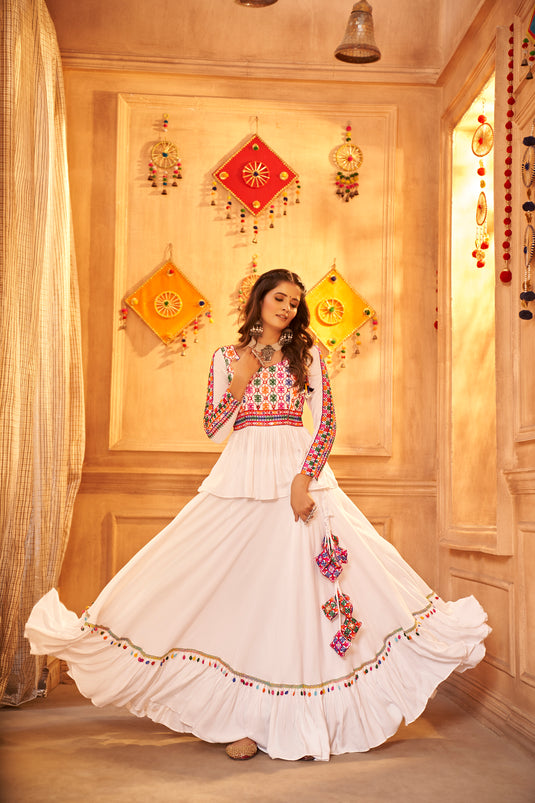 White Viscose Rayon Thread And Mirror Embroidered Fully Stitched Lehenga Choli