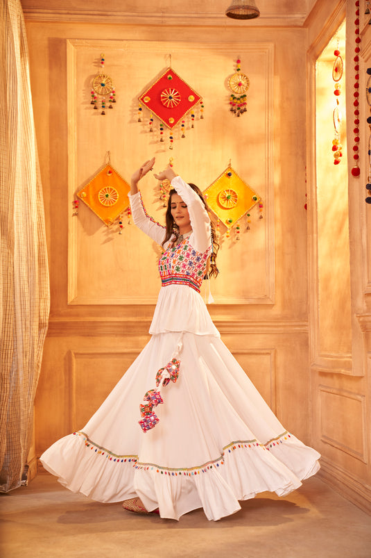 White Viscose Rayon Thread And Mirror Embroidered Fully Stitched Lehenga Choli