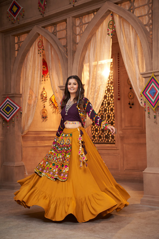 Purple-Yellow Viscose Rayon Thread And Mirror Embroidered Fully Stitched Lehenga Choli