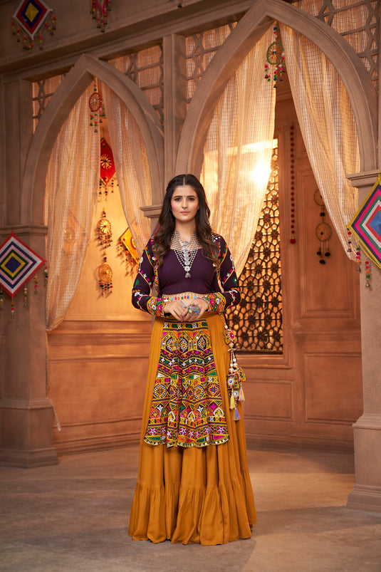 Purple-Yellow Viscose Rayon Thread And Mirror Embroidered Fully Stitched Lehenga Choli