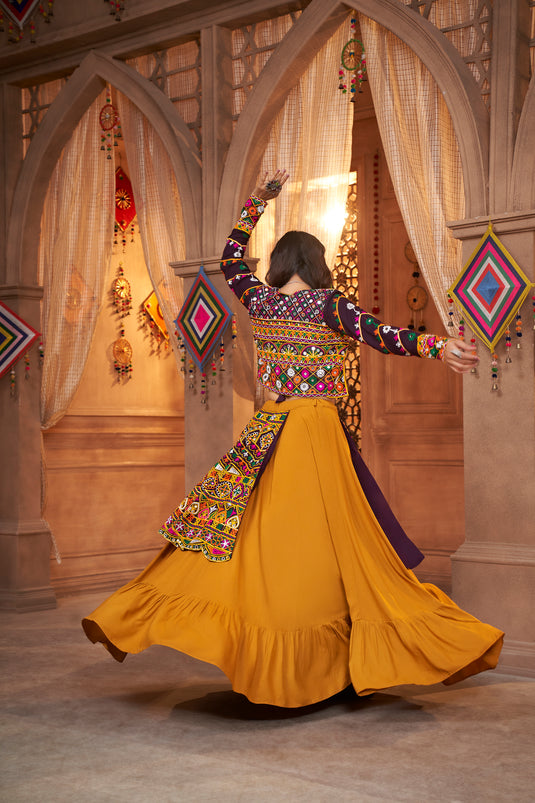 Purple-Yellow Viscose Rayon Thread And Mirror Embroidered Fully Stitched Lehenga Choli