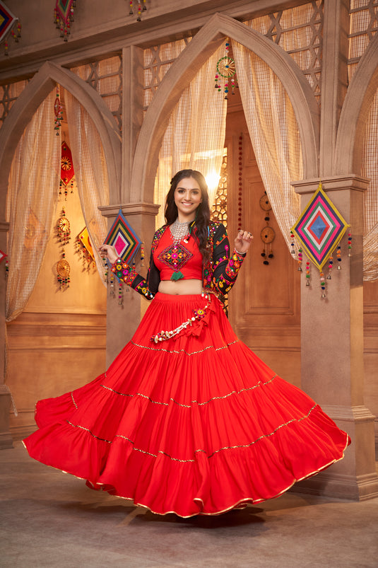 Red Viscose Rayon Thread And Mirror Embroidered Fully Stitched Lehenga Choli