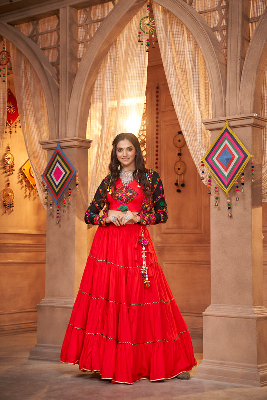 Red Viscose Rayon Thread And Mirror Embroidered Fully Stitched Lehenga Choli