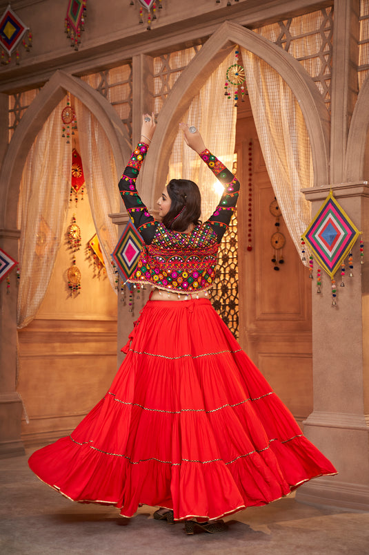 Red Viscose Rayon Thread And Mirror Embroidered Fully Stitched Lehenga Choli