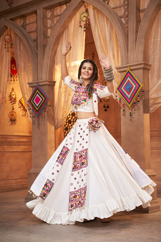 White Viscose Rayon Thread And Mirror Embroidered Fully Stitched Lehenga Choli