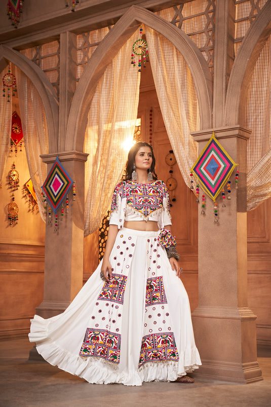 White Viscose Rayon Thread And Mirror Embroidered Fully Stitched Lehenga Choli