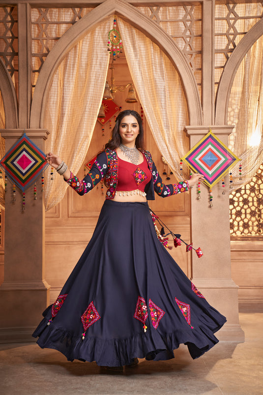 Navy Blue Viscose Rayon Thread And Mirror Embroidered Fully Stitched Lehenga Choli