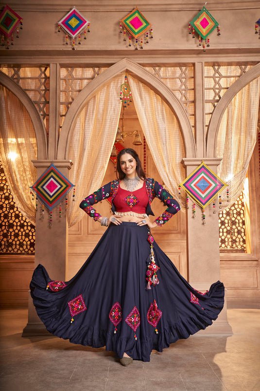 Navy Blue Viscose Rayon Thread And Mirror Embroidered Fully Stitched Lehenga Choli