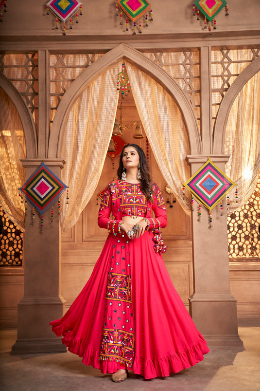 Pink Viscose Rayon Thread And Mirror Embroidered Fully Stitched Lehenga Choli