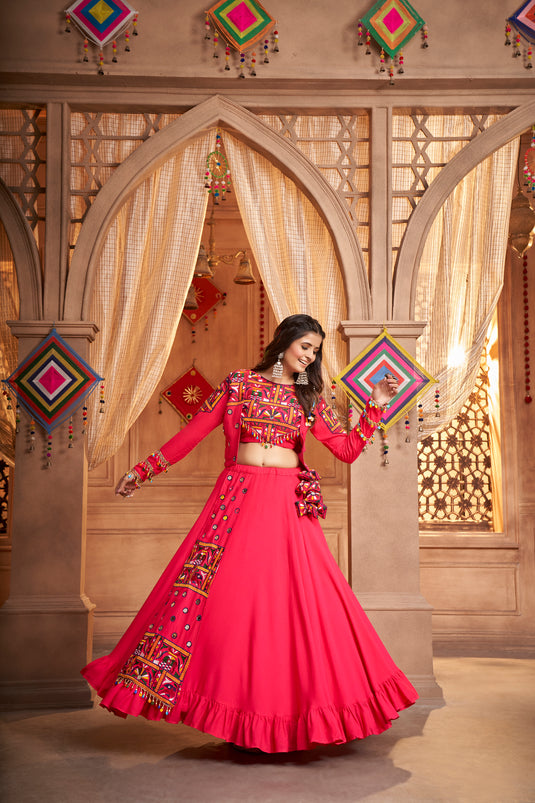 Pink Viscose Rayon Thread And Mirror Embroidered Fully Stitched Lehenga Choli