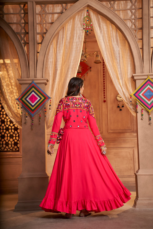 Pink Viscose Rayon Thread And Mirror Embroidered Fully Stitched Lehenga Choli