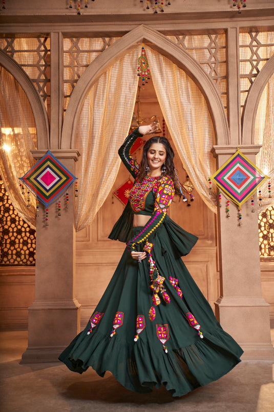 Bottle Green Viscose Rayon Thread And Mirror Embroidered Fully Stitched Lehenga Choli