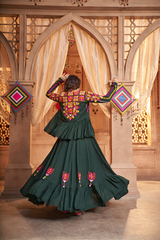 Bottle Green Viscose Rayon Thread And Mirror Embroidered Fully Stitched Lehenga Choli