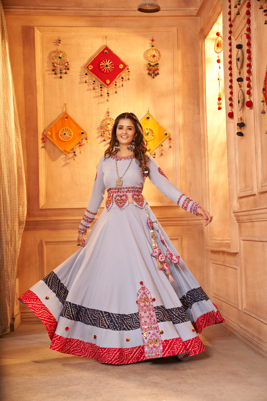 Powder Blue Viscose Rayon Thread And Mirror Embroidered Fully Stitched Lehenga Choli