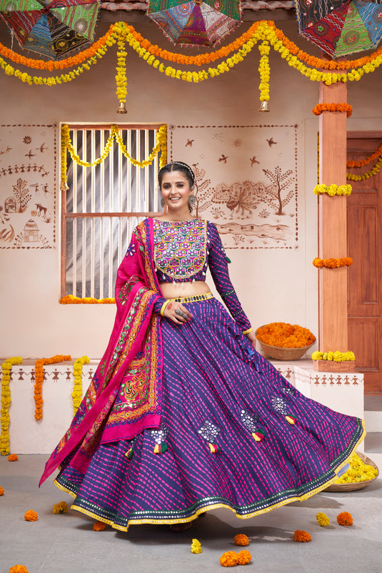 Navy Blue Viscose Rayon Thread And Mirror Embroidered Fully Stitched Lehenga Choli