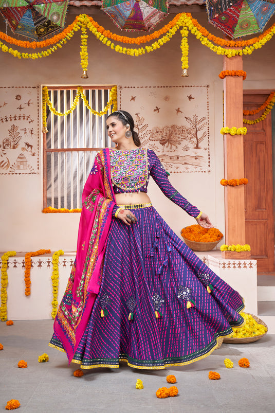 Navy Blue Viscose Rayon Thread And Mirror Embroidered Fully Stitched Lehenga Choli