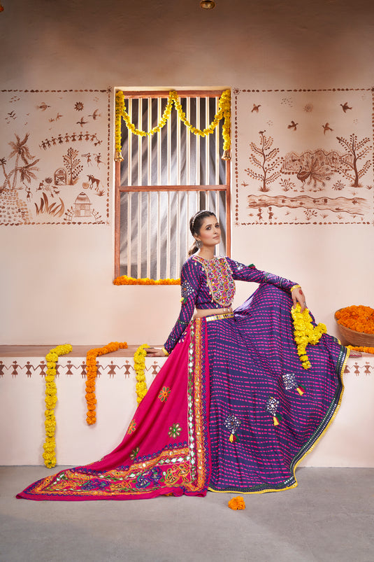 Navy Blue Viscose Rayon Thread And Mirror Embroidered Fully Stitched Lehenga Choli