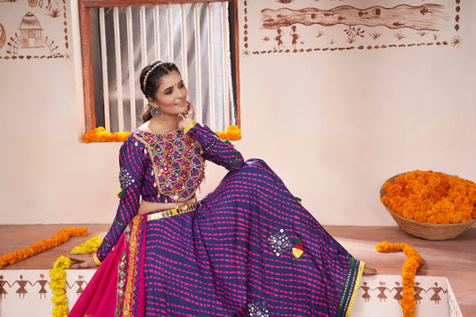 Navy Blue Viscose Rayon Thread And Mirror Embroidered Fully Stitched Lehenga Choli