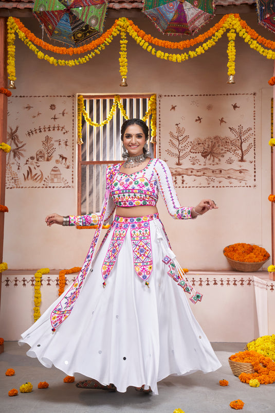 White Viscose Rayon Thread And Mirror Embroidered Fully Stitched Lehenga Choli