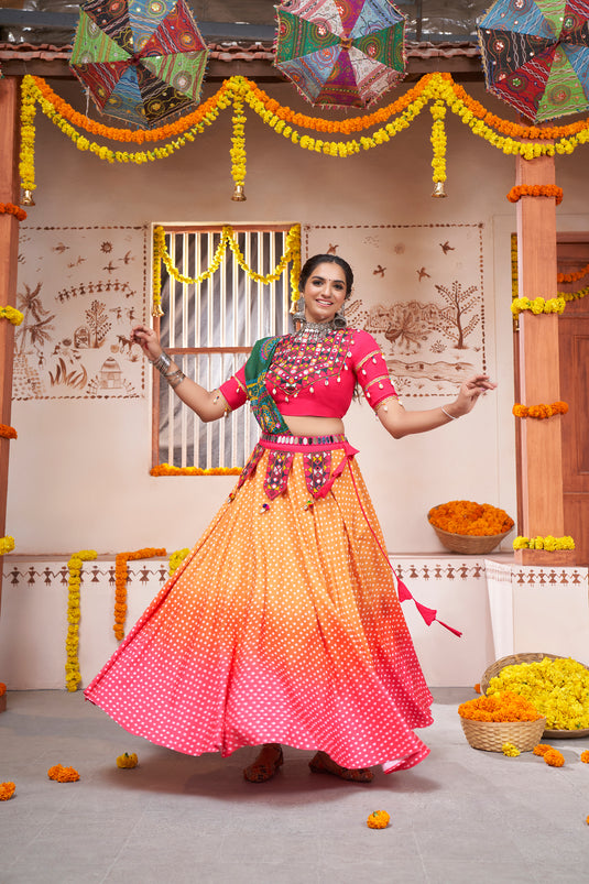 Pink-yellow Viscose Rayon Printed And Embroidered Fully Stitched Lehenga Choli