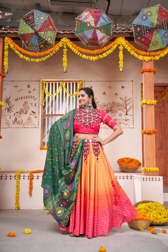 Pink-yellow Viscose Rayon Printed And Embroidered Fully Stitched Lehenga Choli