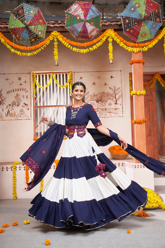 Navy Blue-White Viscose Rayon Embroidered Fully Stitched Lehenga Choli