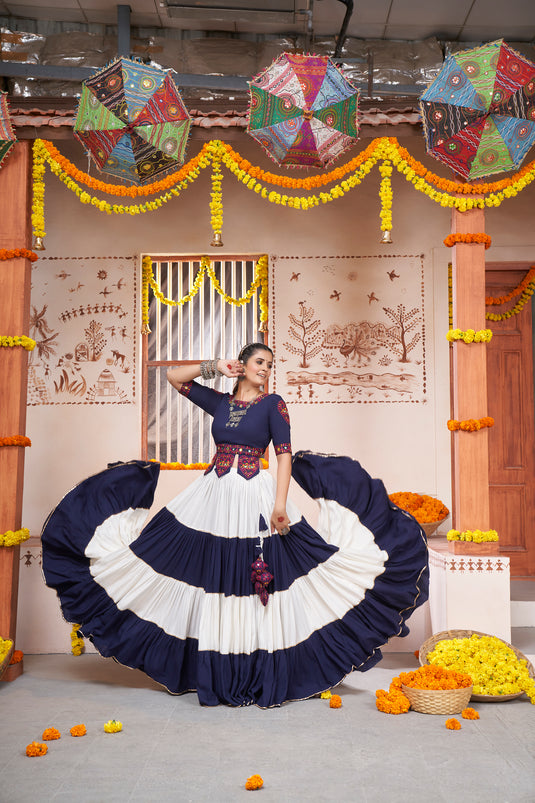 Navy Blue-White Viscose Rayon Embroidered Fully Stitched Lehenga Choli