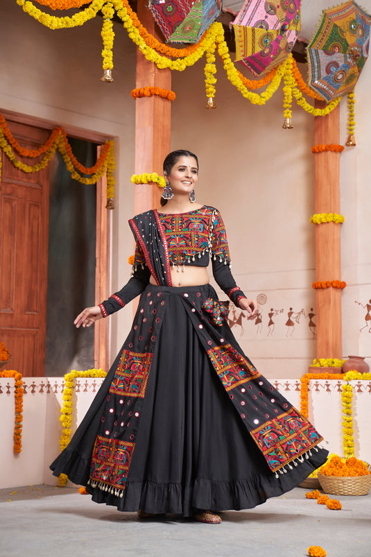 Black Viscose Rayon Embroidered Mirror Work Fully Stitched Lehenga Choli