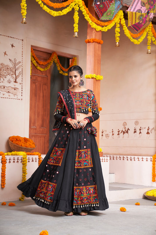 Black Viscose Rayon Embroidered Mirror Work Fully Stitched Lehenga Choli