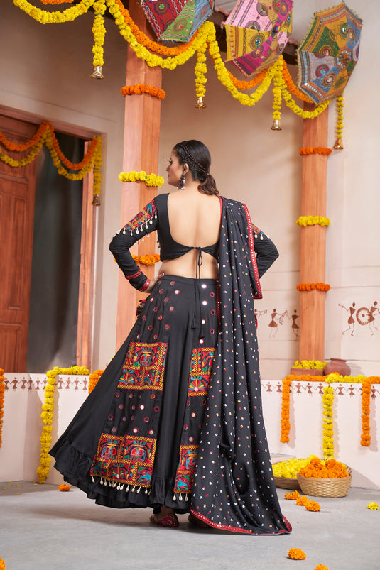 Black Viscose Rayon Embroidered Mirror Work Fully Stitched Lehenga Choli