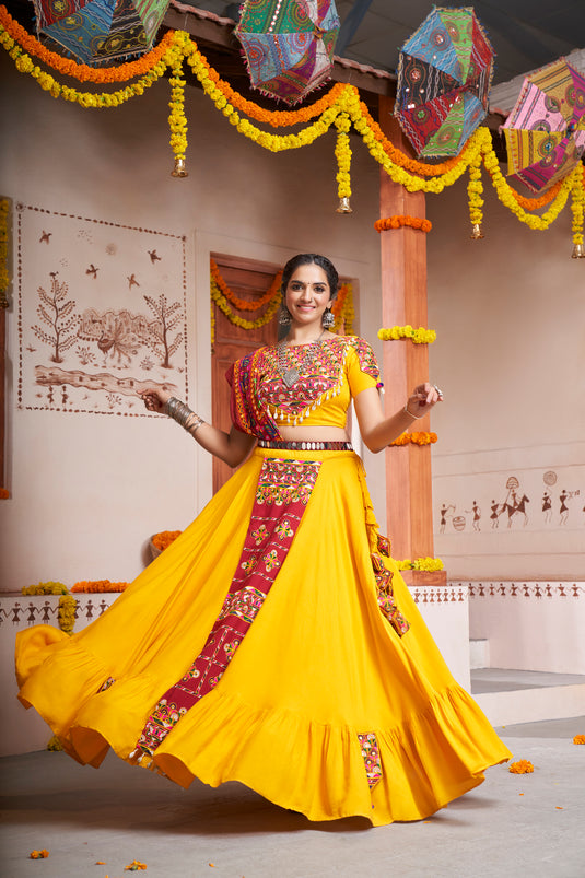 Yellow Viscose Rayon Embroidered Mirror Work Fully Stitched Lehenga Choli