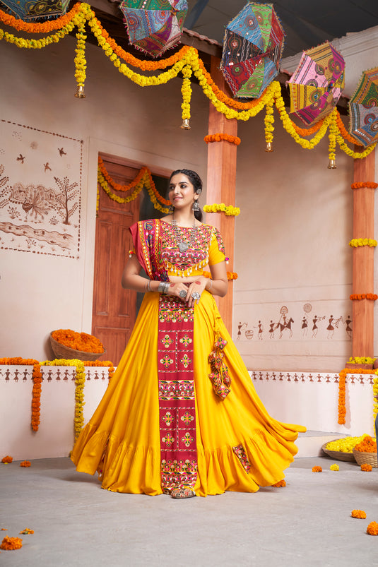 Yellow Viscose Rayon Embroidered Mirror Work Fully Stitched Lehenga Choli