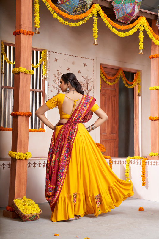 Yellow Viscose Rayon Embroidered Mirror Work Fully Stitched Lehenga Choli