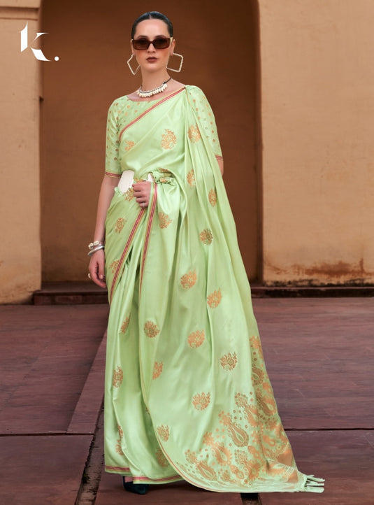 Mint Green Pure Satin With Copper Zari Weaving Designer Saree