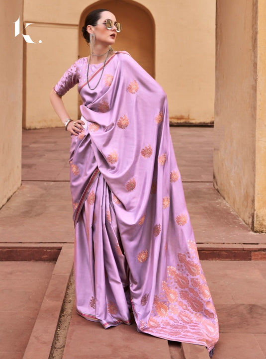 Lavender Pure Satin With Copper Zari Weaving Designer Saree