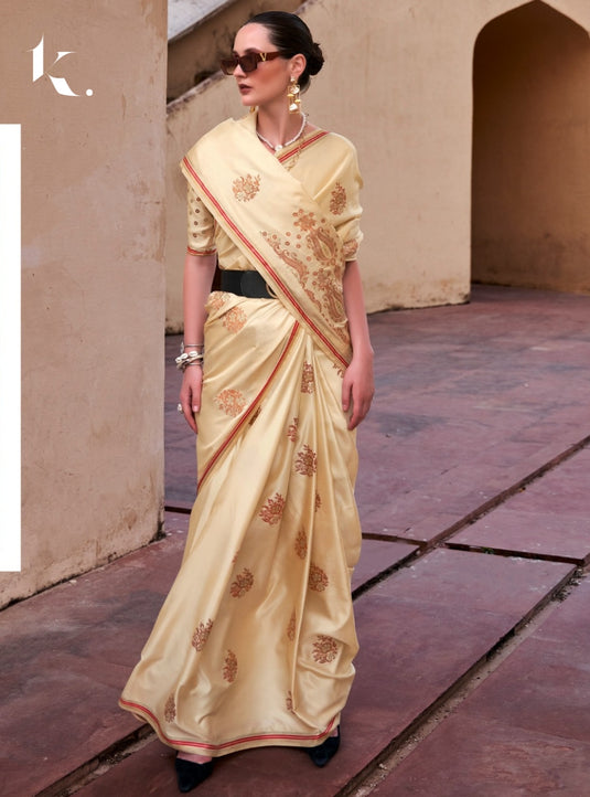 Beige Pure Satin With Copper Zari Weaving Designer Saree