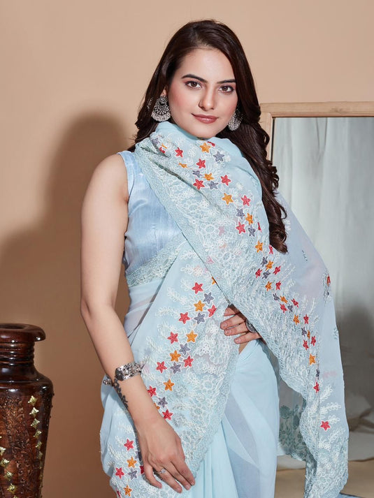 Powder Blue Soft Georgette Thread Embroidered Work Saree