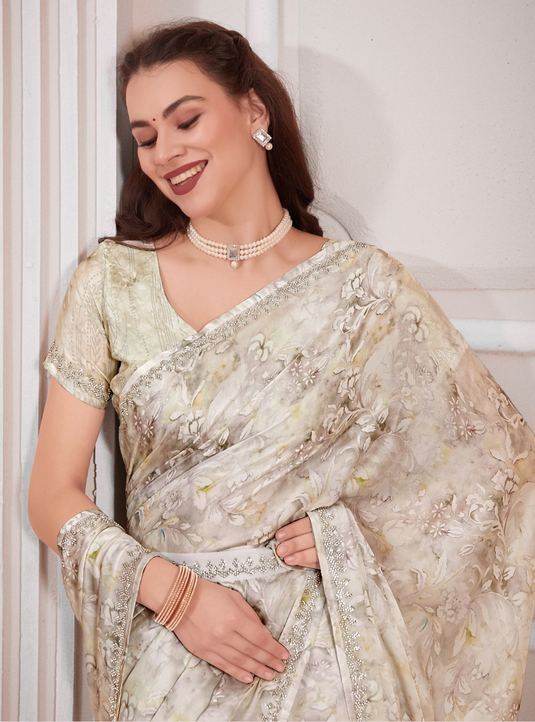 Sand Radiant Premium Satin Floral Digital Printed Saree