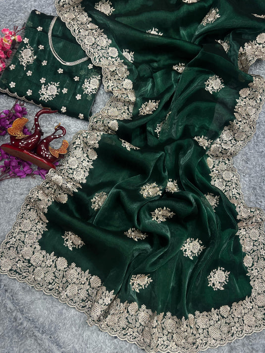 Bottle Green Burberry Silk Zari Embroidered Work Saree