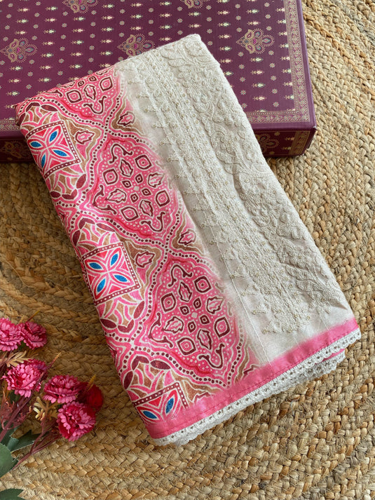 Pink Handloom Tusser With Ajrakh Print Chikankari Embroidered Work Saree