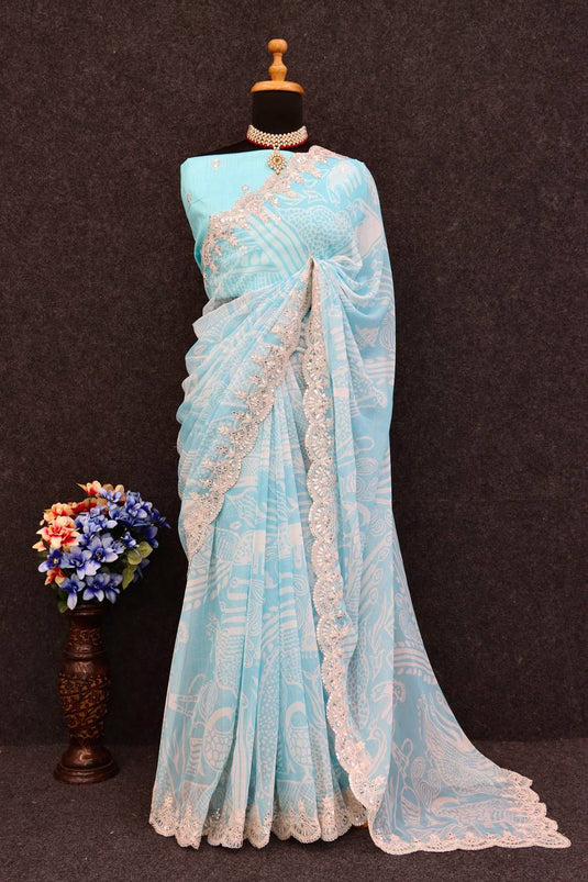 Sky Blue Abstract Digital Printed Designer Saree