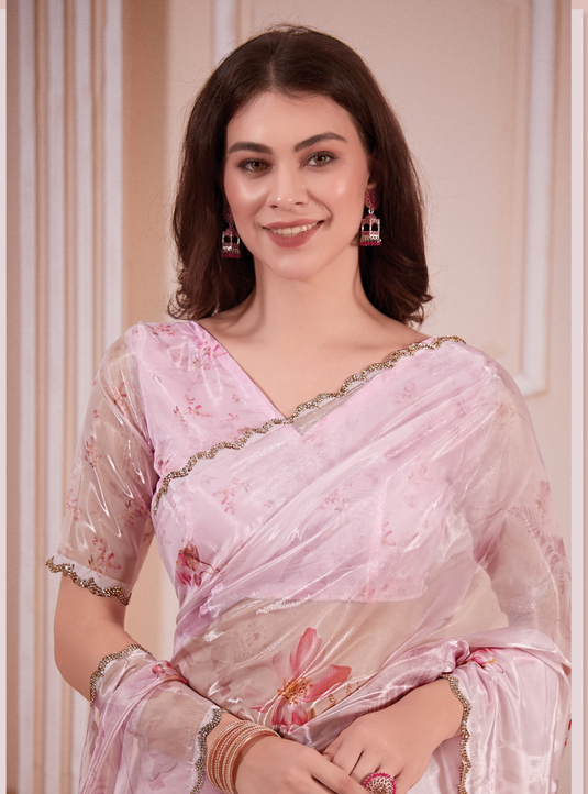 Pink Effortless Premium Metallic Organza Floral Digital Printed Saree